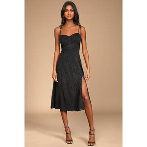 Lulus Loveliest Looks Black Floral Jacquard Tie-strap Midi Dress - Size XS
